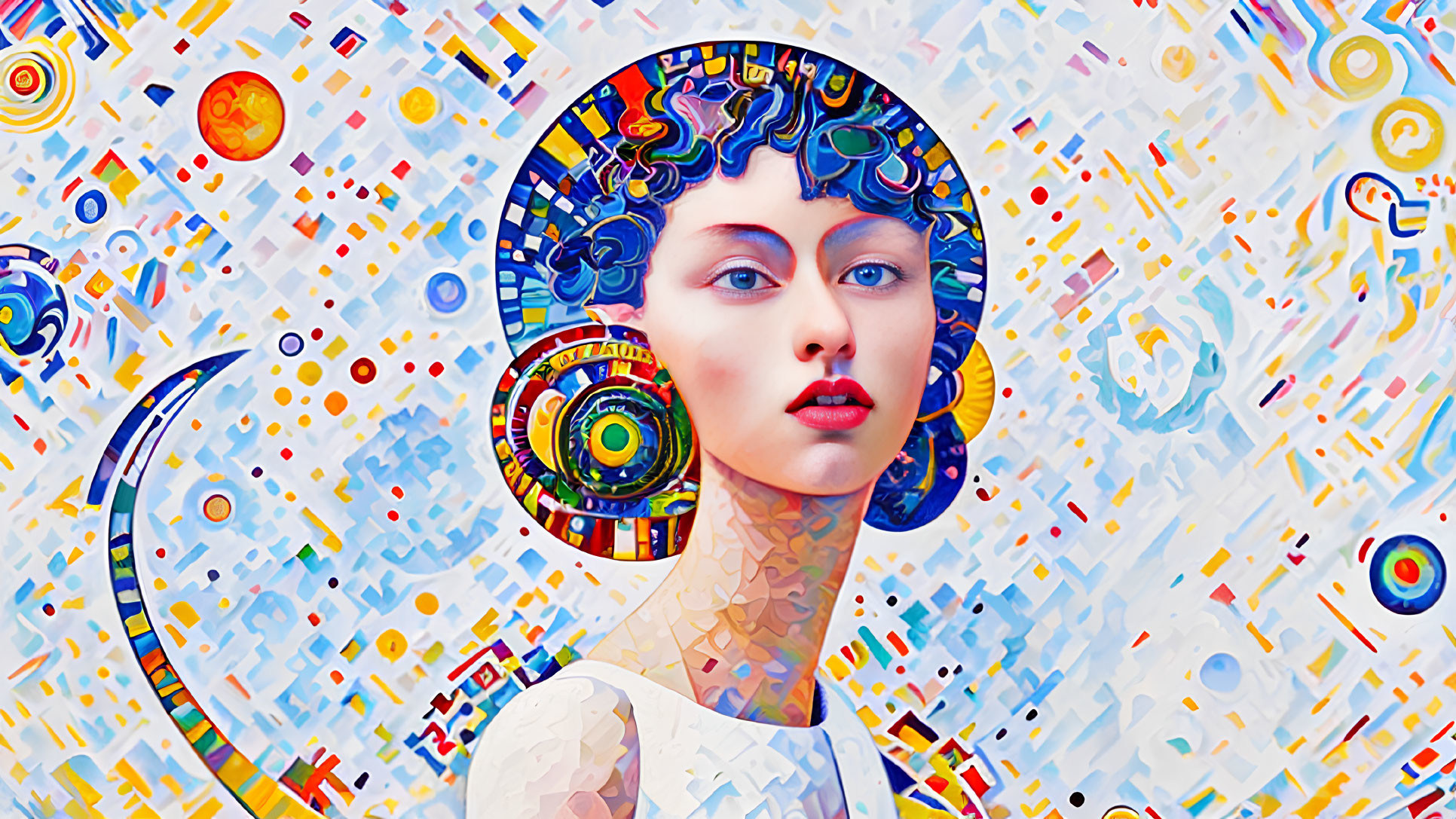 Colorful Abstract Artwork: Stylized Woman with Blue Hair in Celestial Setting