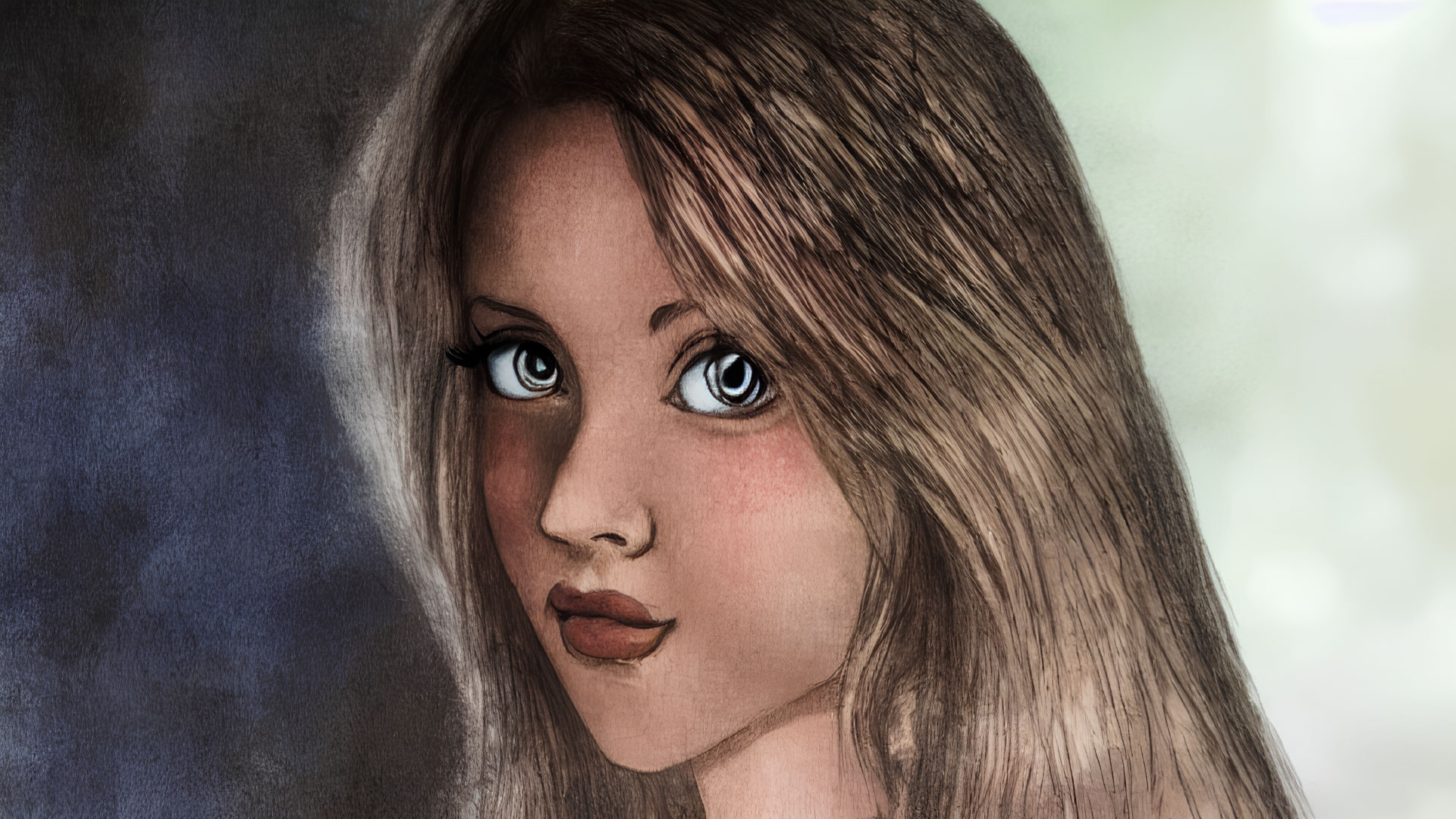 Woman with Striking Blue Eyes and Long Brown Hair Illustration