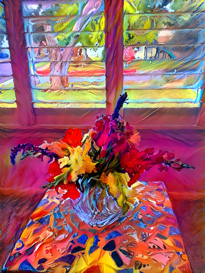  Bouquet of flowers on tile table.