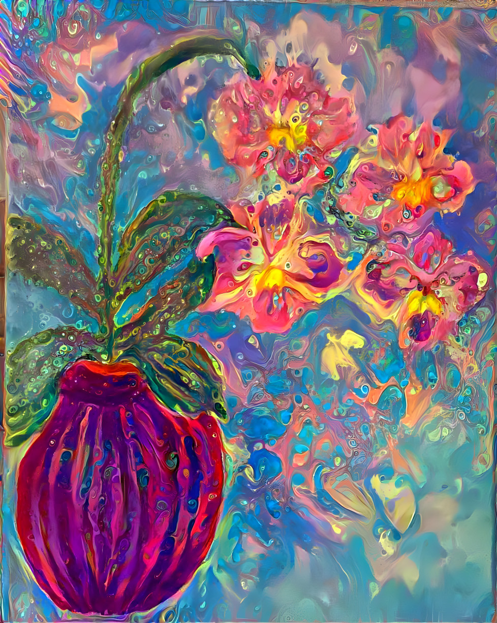 Orchid in maroon vase.