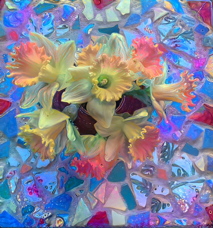 Daffodils on tile table.