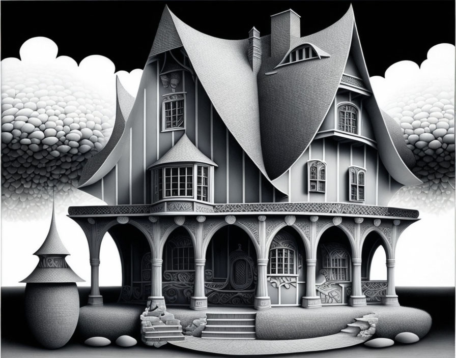 Monochromatic stylized Victorian house illustration with whimsical clouds and urns