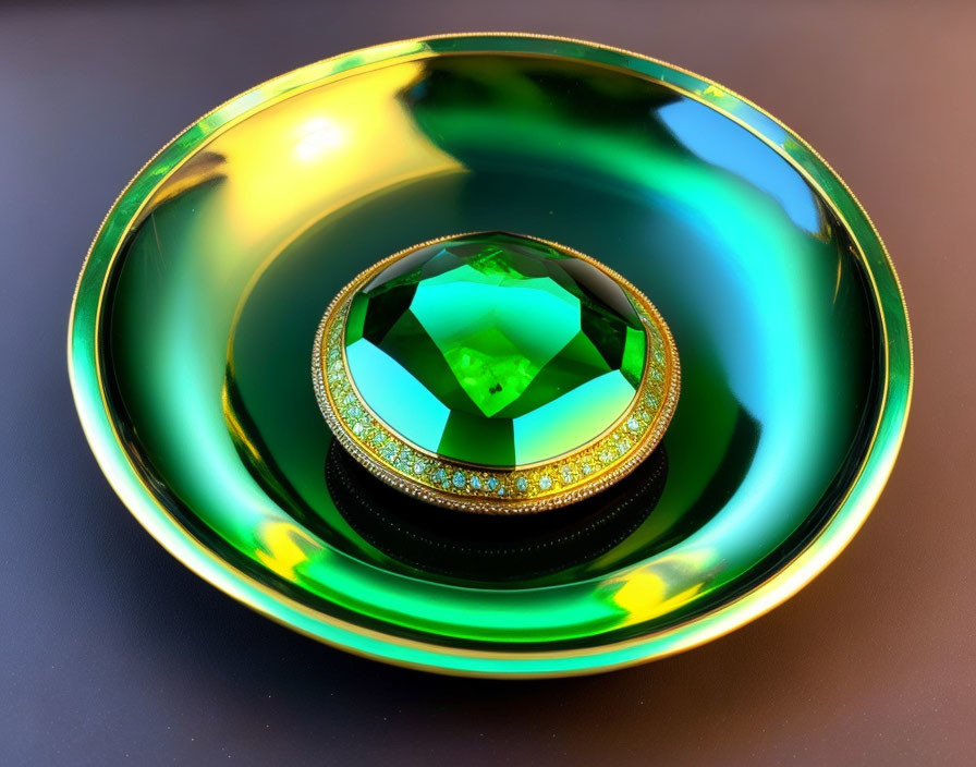 Green Gemstone on Black Band with Diamonds in Golden-Green Dish