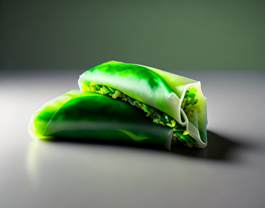 Vibrant green spring roll with green ingredients on gray surface