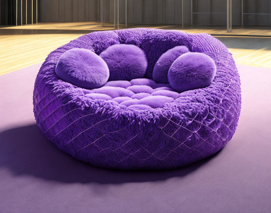 Plush Purple Bean Bag with Tufted Design on Wooden Floor