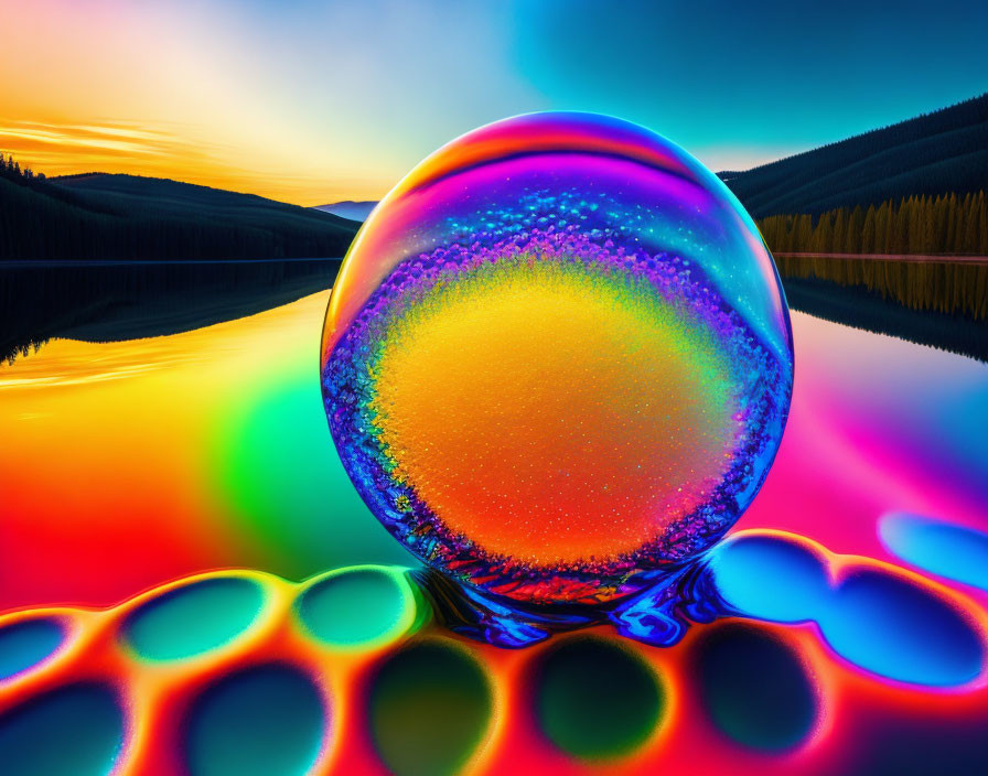 Iridescent soap bubble on reflective surface with forest and sunrise