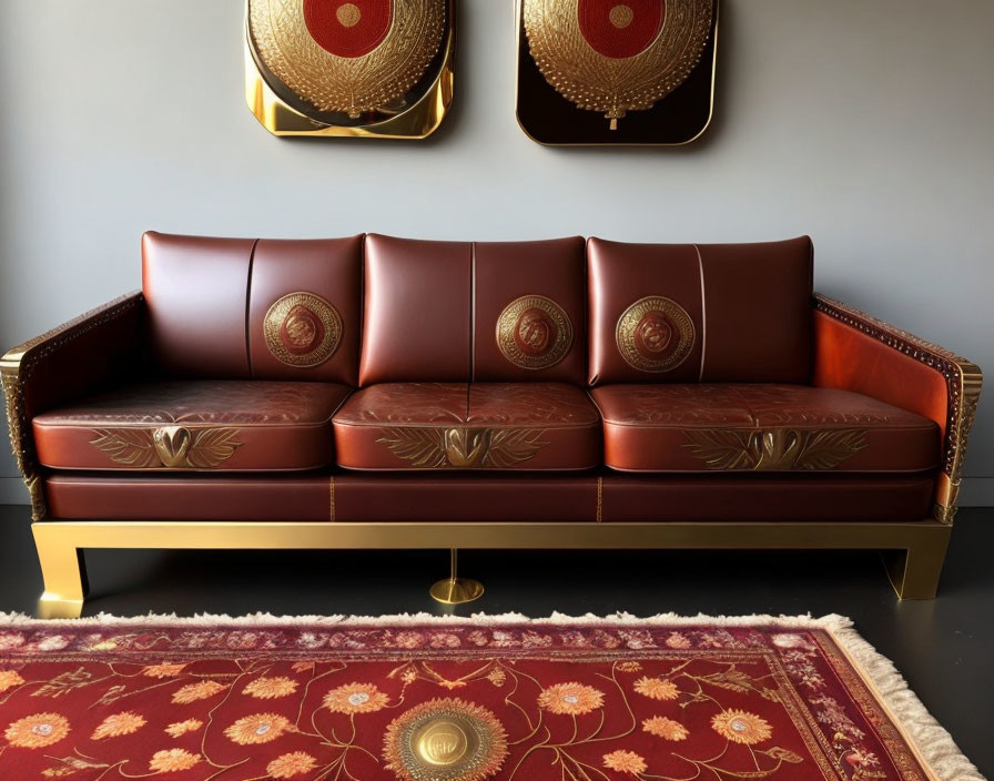 Dark Red Sofa with Gold Accents on Beige Rug & Golden Plates on Grey Wall