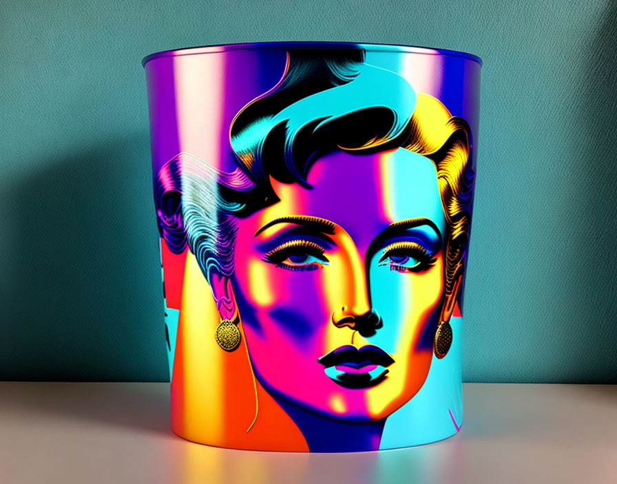 Vibrant pop art woman's face on cylindrical container with shadow.