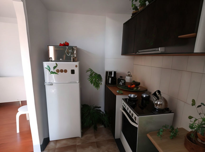 Compact modern kitchen with white walls, fridge, stove, dark cabinets, kettle, and plant.