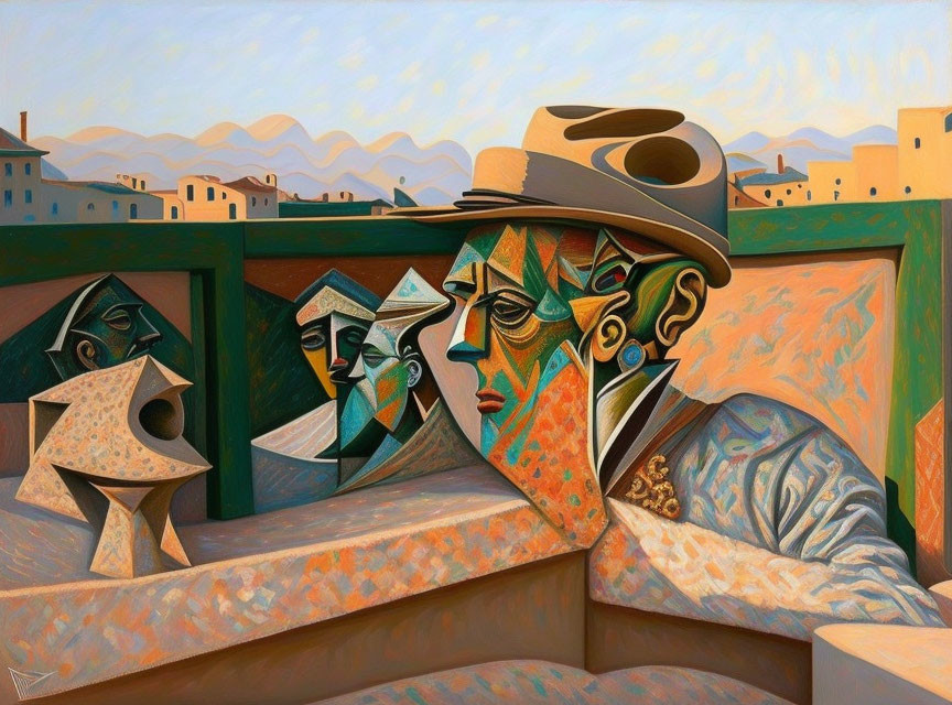 Cubist painting featuring pensive figure in hat with fragmented faces and geometric shapes.