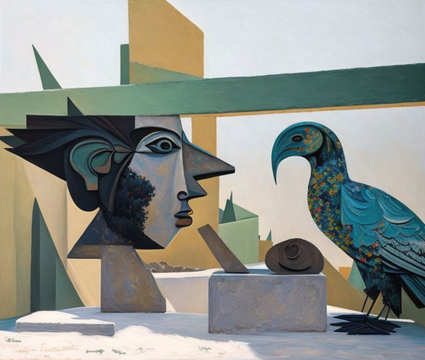 Geometric Cubist painting featuring fragmented face and blue bird on table