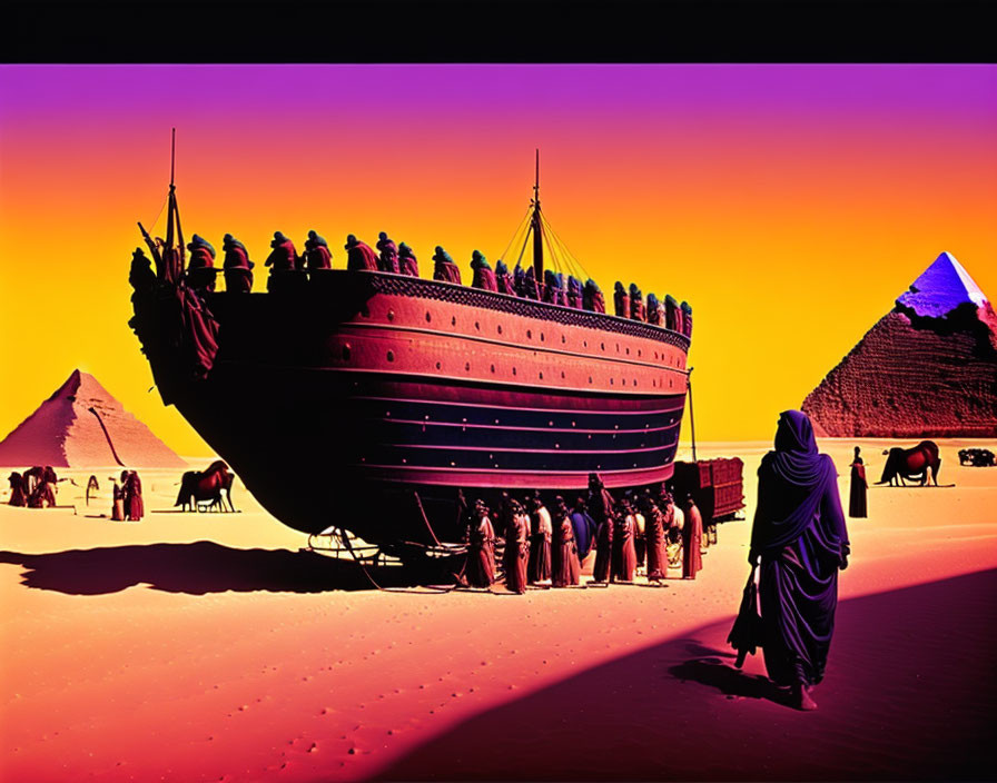 Surreal scene with ark, people in robes, animals, pyramid, and purple sky