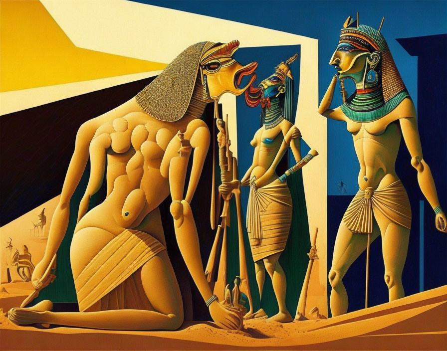 Stylized Egyptian figures in pharaonic attire with pyramids and chariot.