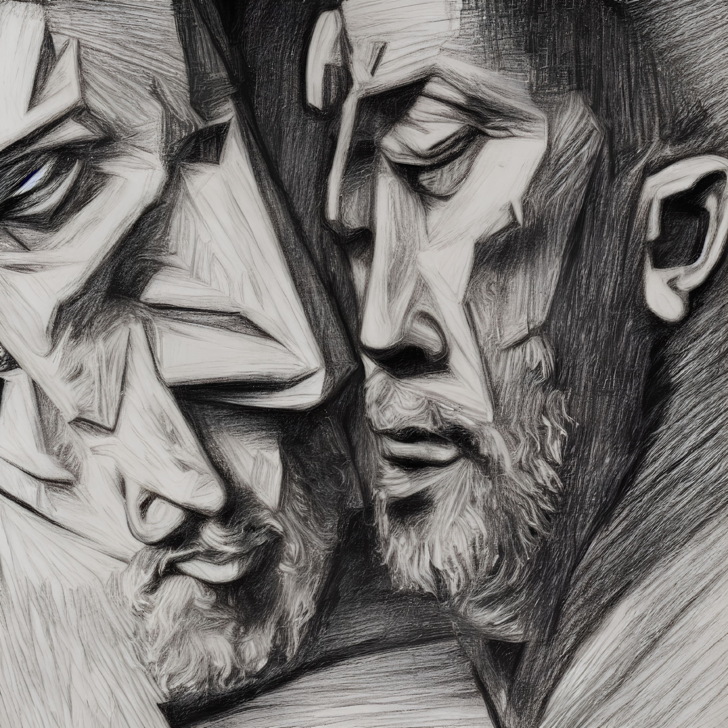 Detailed pencil sketch of three angular male faces with dramatic shadows and intricate line work