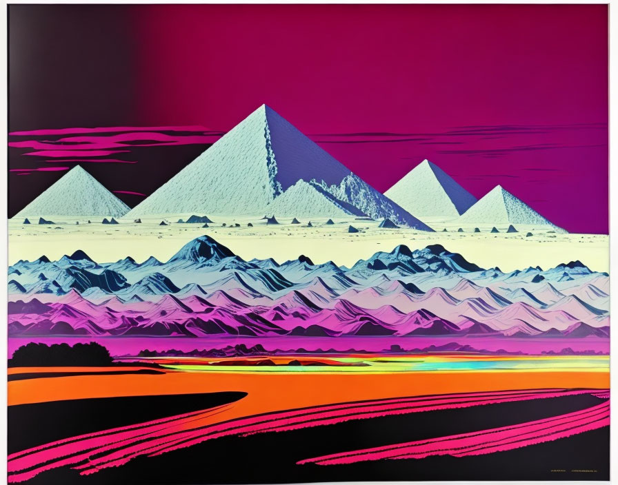 Colorful Mountains and Egyptian Pyramids in Purple Sky with Abstract Patterns