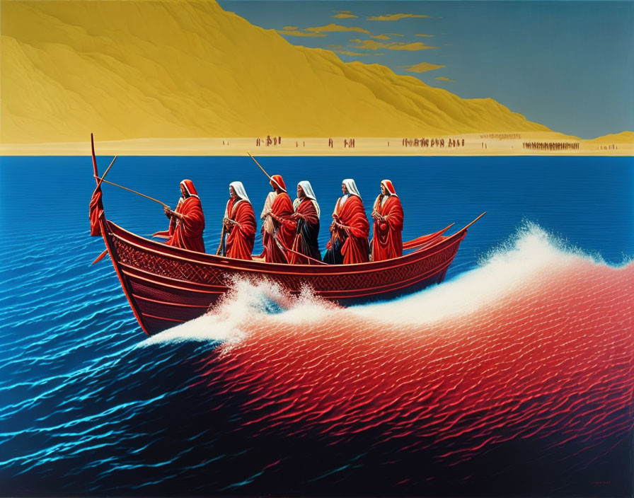 Vivid artwork of individuals in red cloaks on a red boat in blue sea and golden desert.