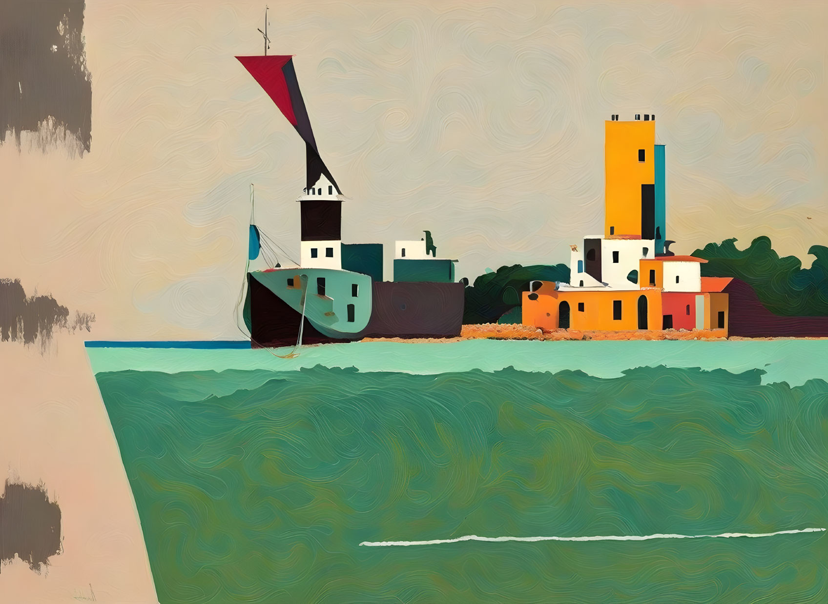 Geometric coastal painting with boat, buildings, and tower