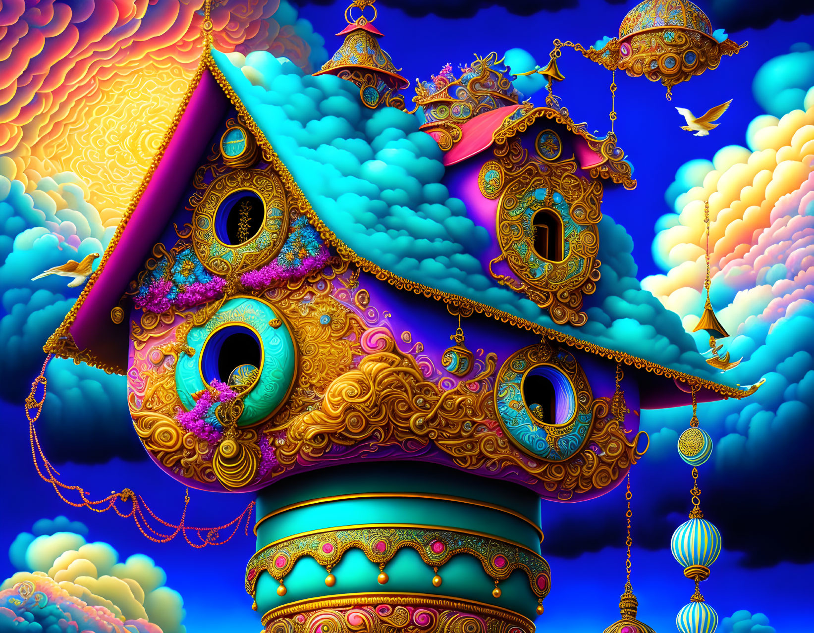 Colorful surreal house floating in whimsical clouds with flying birds and lanterns