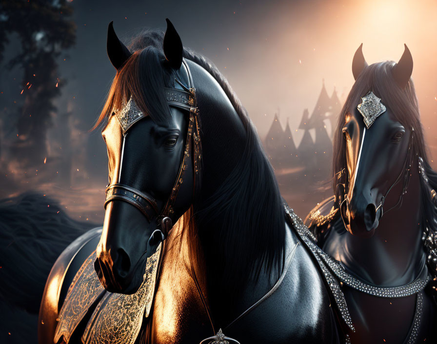 Majestic black horses with ornate bridles in fiery sky scenery