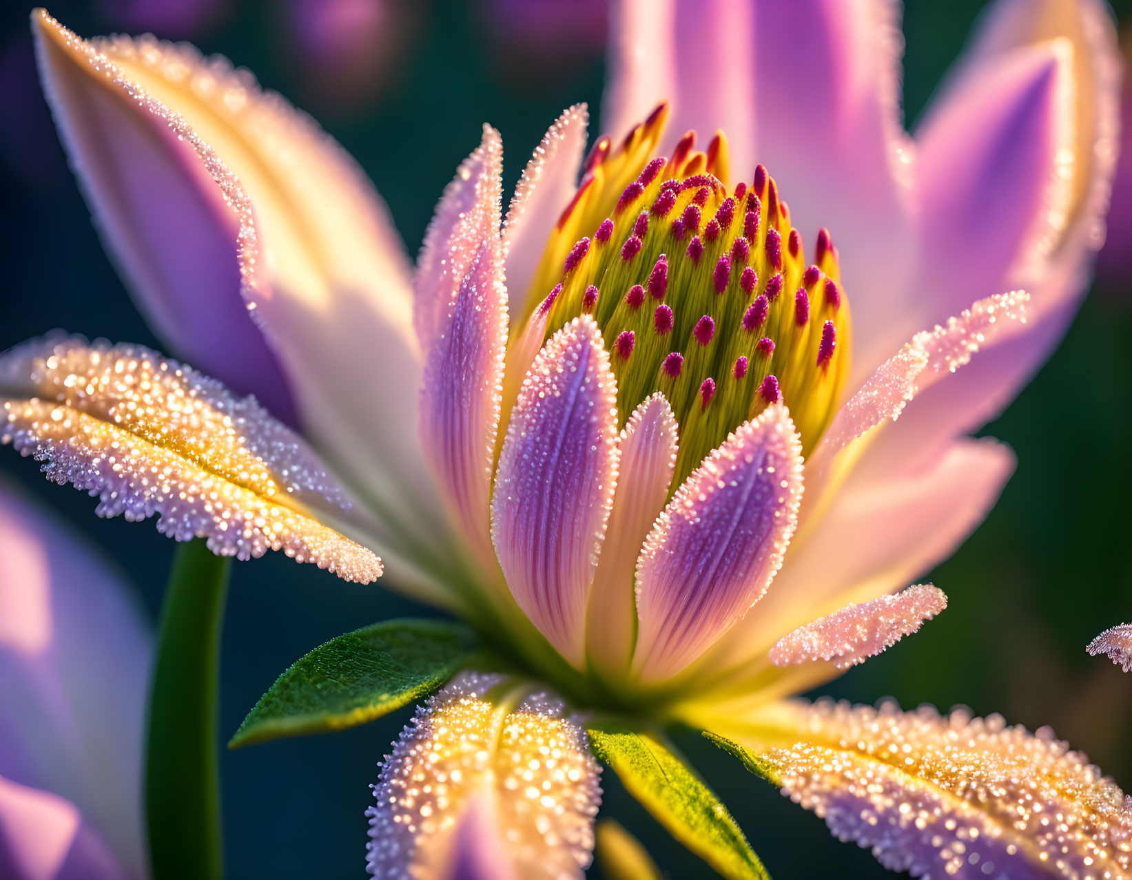 Pink Petal Flower with Dew on Blurred Background