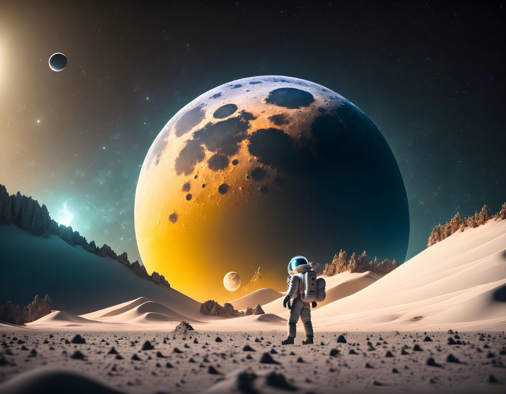 Astronaut on sandy alien planet gazes at moon & stars