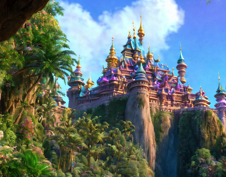 Fantastical palace with spires on cliff, lush foliage, waterfalls, blue sky