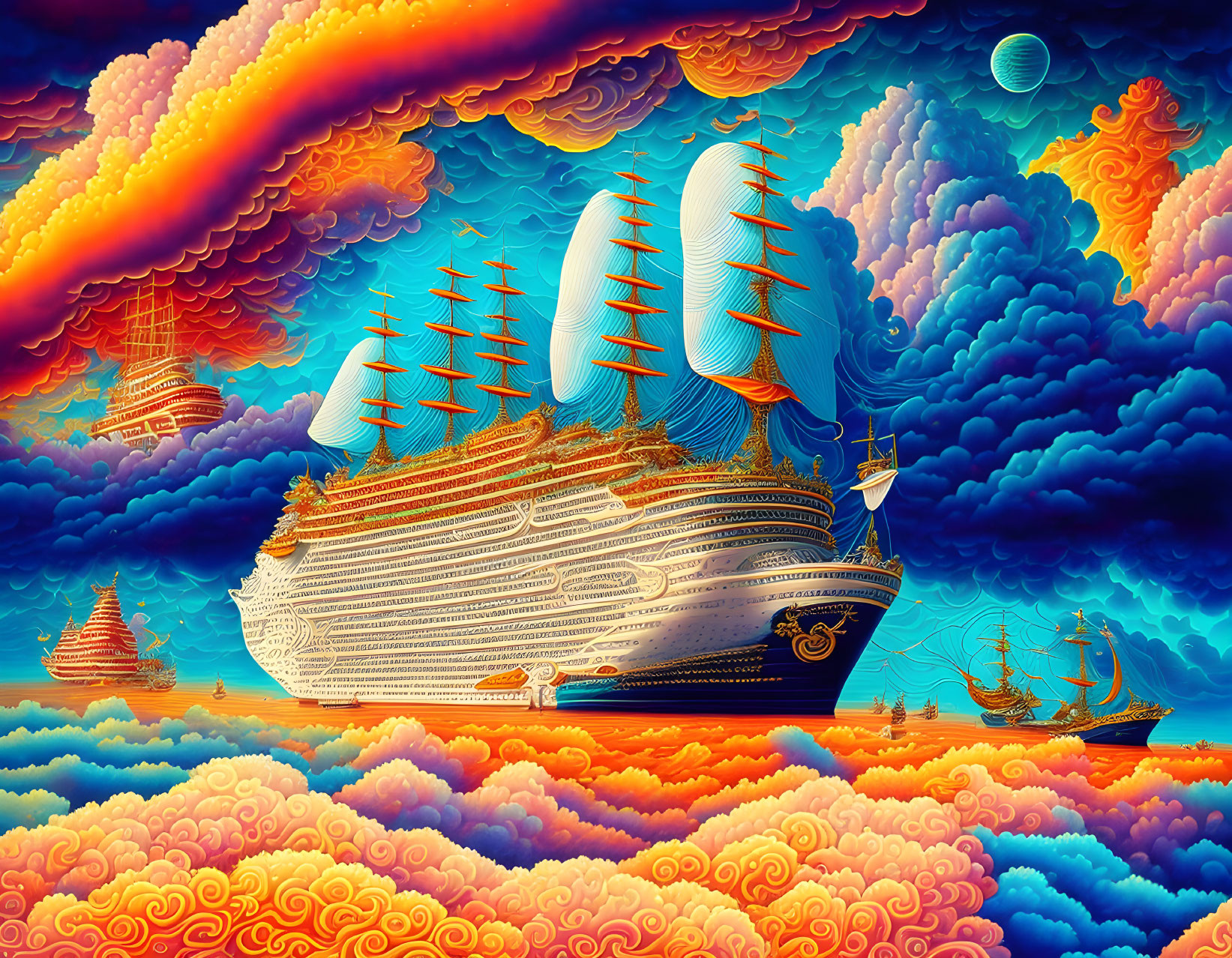 Colorful surrealistic seascape with sailing ships and patterned sky