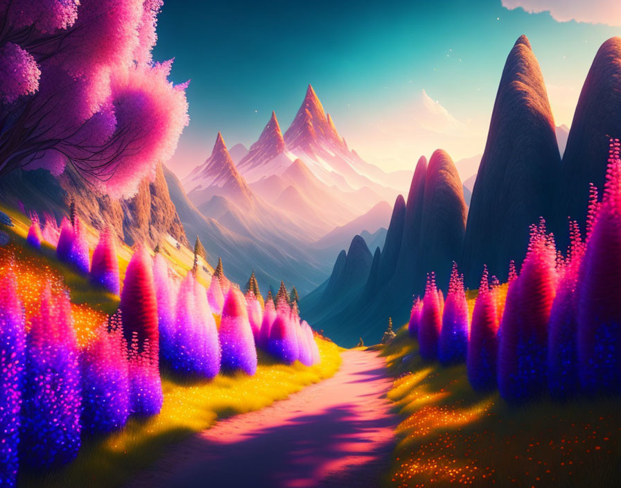 Colorful Glowing Plants in Fantastical Landscape with Majestic Mountains