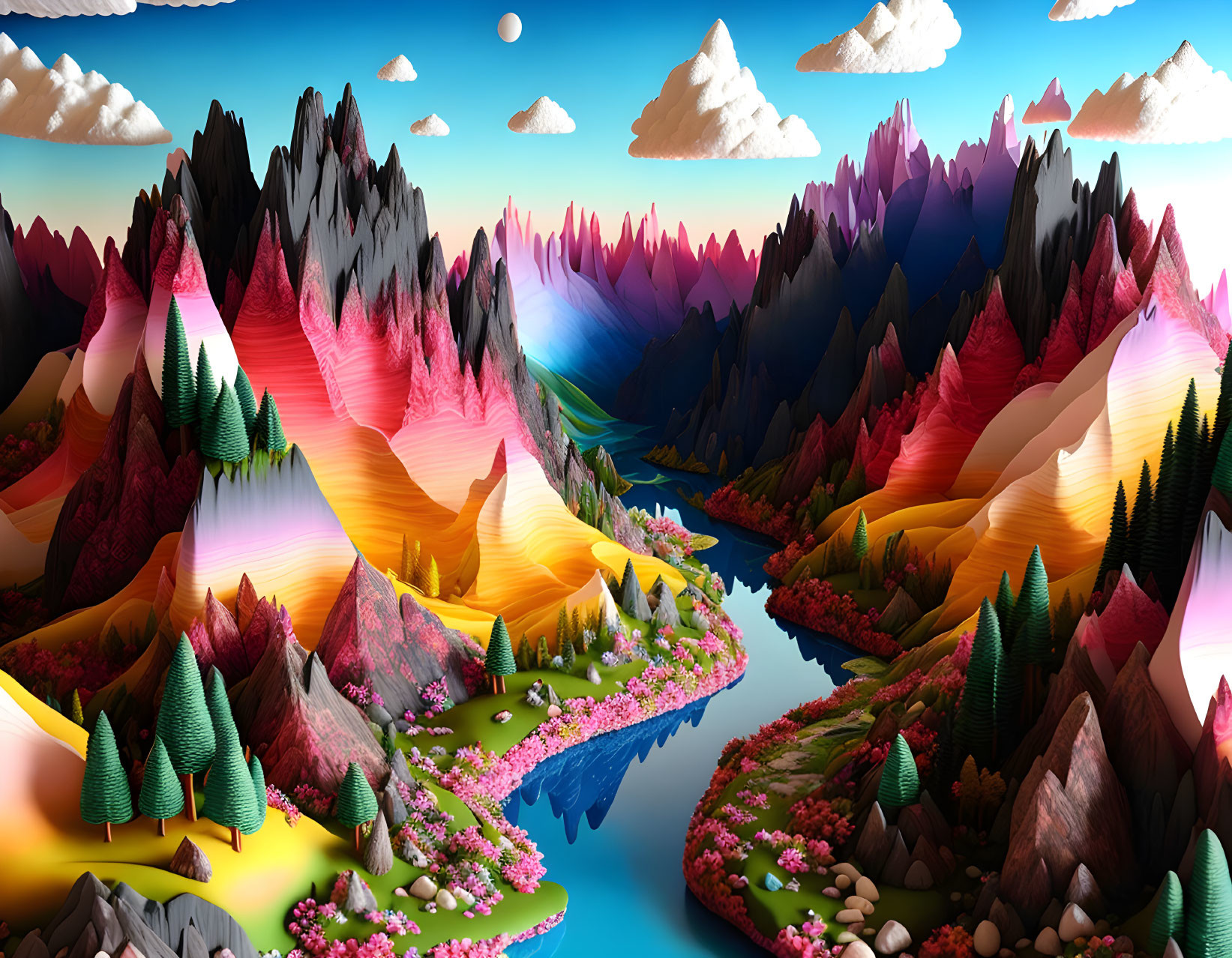 Colorful surreal landscape with multicolored mountains, river, trees, and clear sky