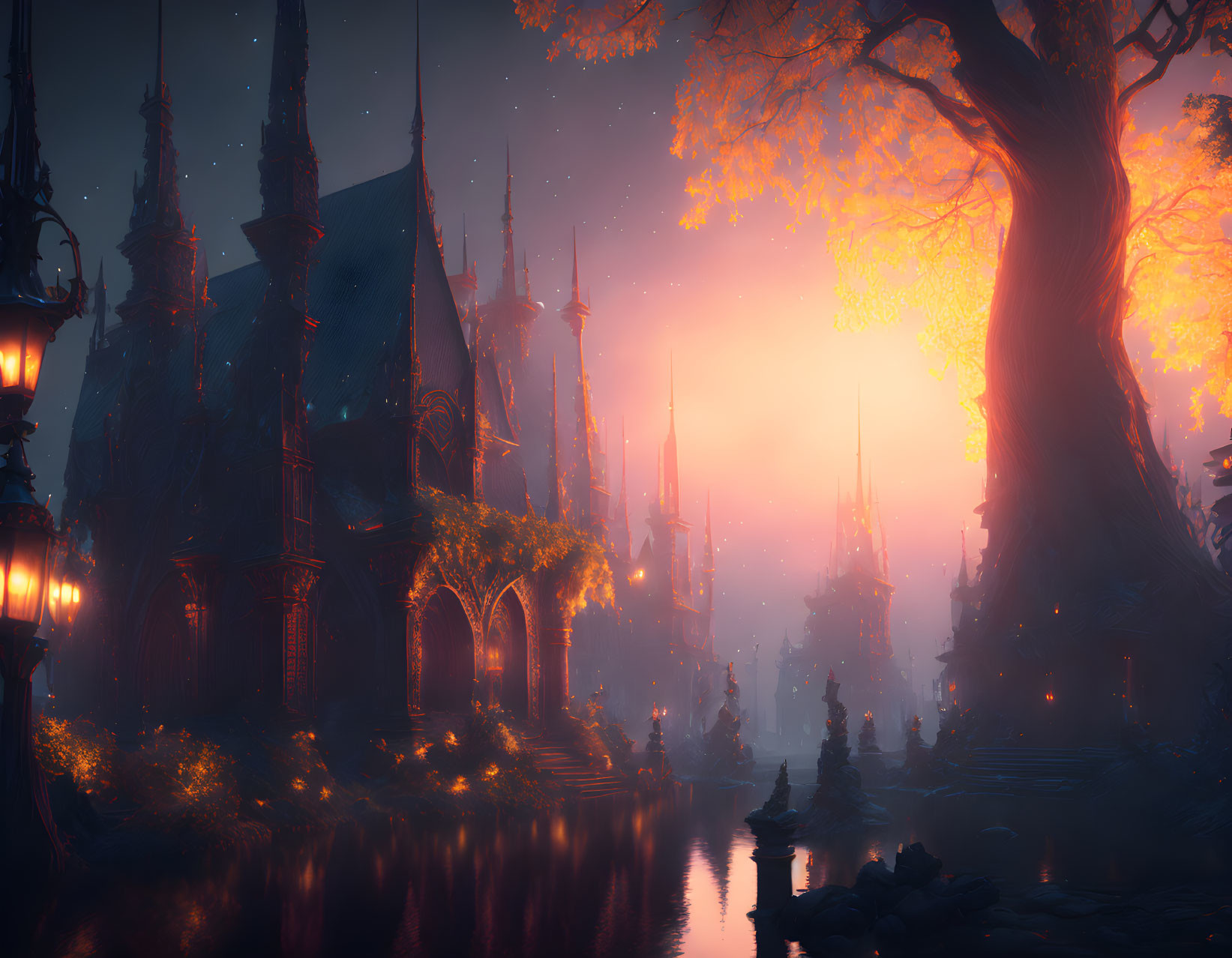 Mystical Gothic cityscape at dusk with river, street lamps, and vibrant autumn tree