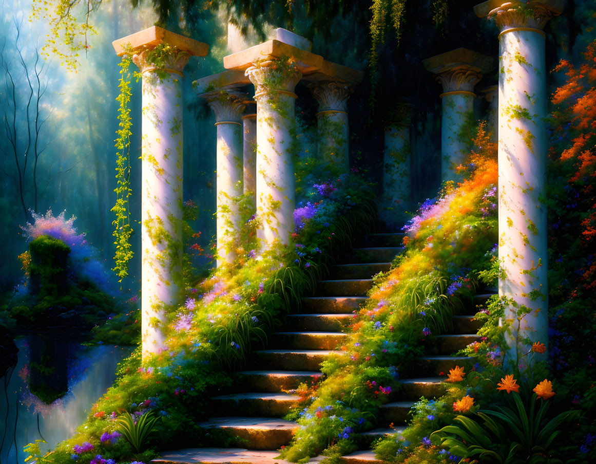 Enchanting forest scene with sunlight, ancient columns, floral staircase