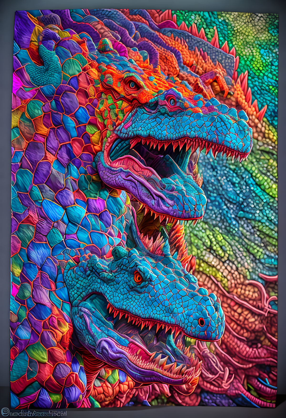 Vibrant dragon heads artwork in blue, orange, and green.