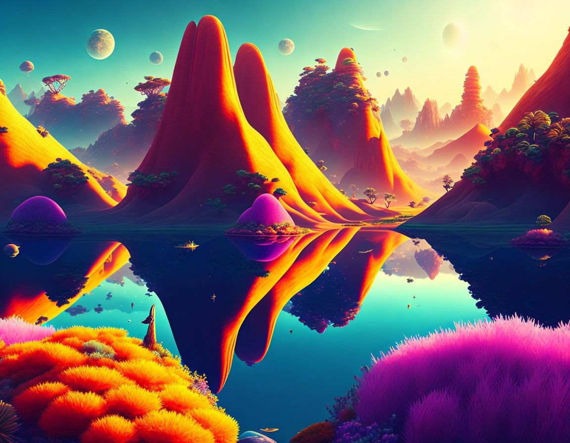 Colorful Flora, Reflective Water, and Alien Sky with Multiple Moons