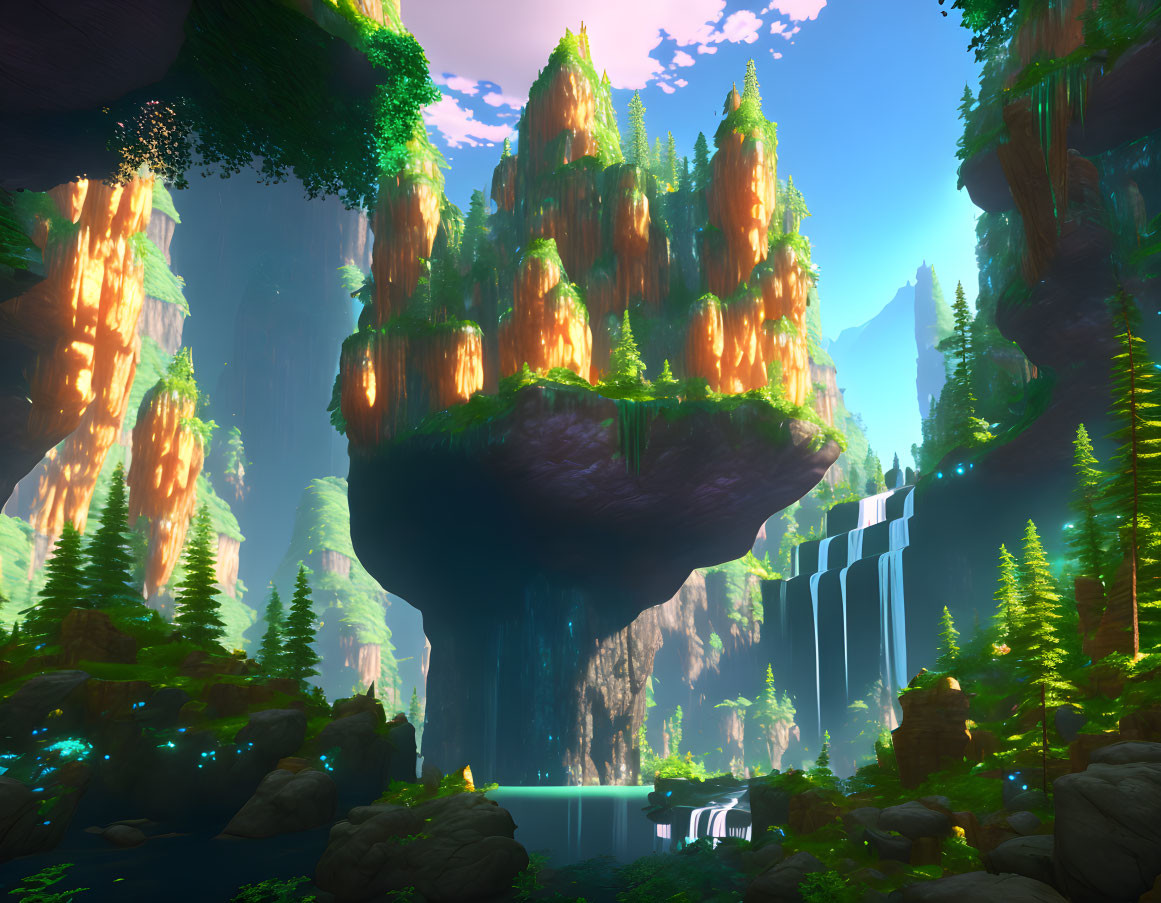 Fantastical landscape with floating islands, lush greenery, towering cliffs, and waterfalls