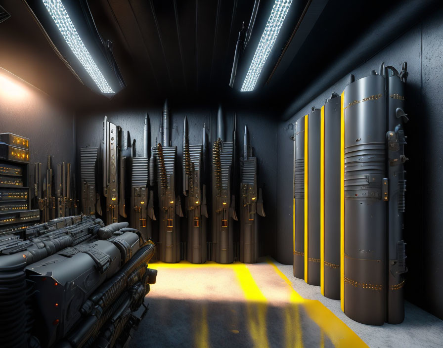 Sleek black and yellow towers in futuristic server room