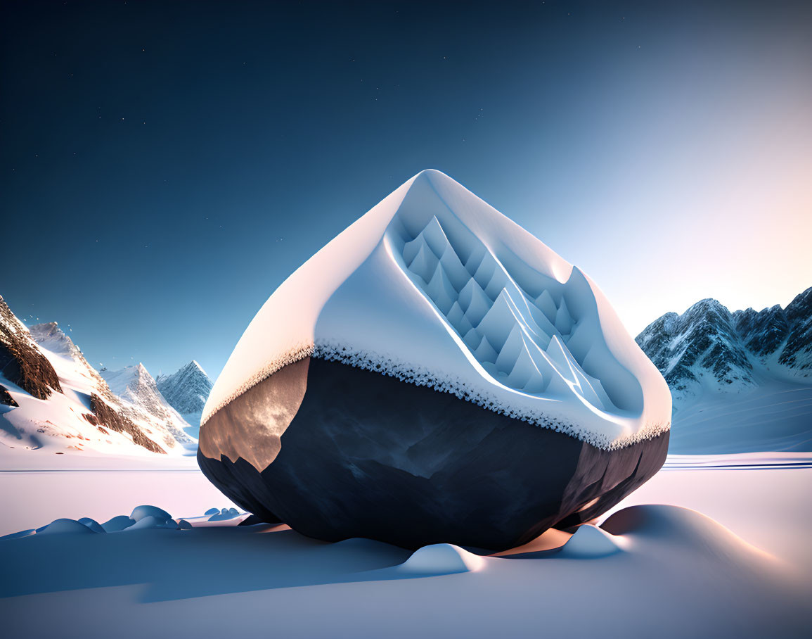 Stone and ice flower structure in snow-covered mountain landscape