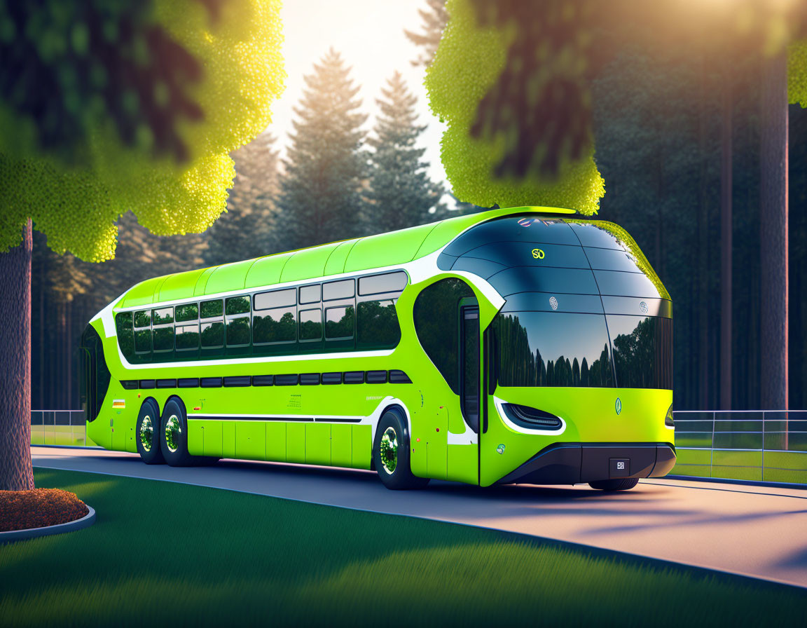 Futuristic green double-decker bus in forested setting