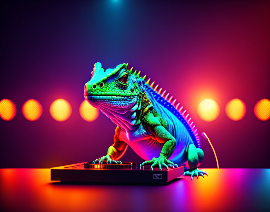 Colorful iguana DJ with neon lights in the background