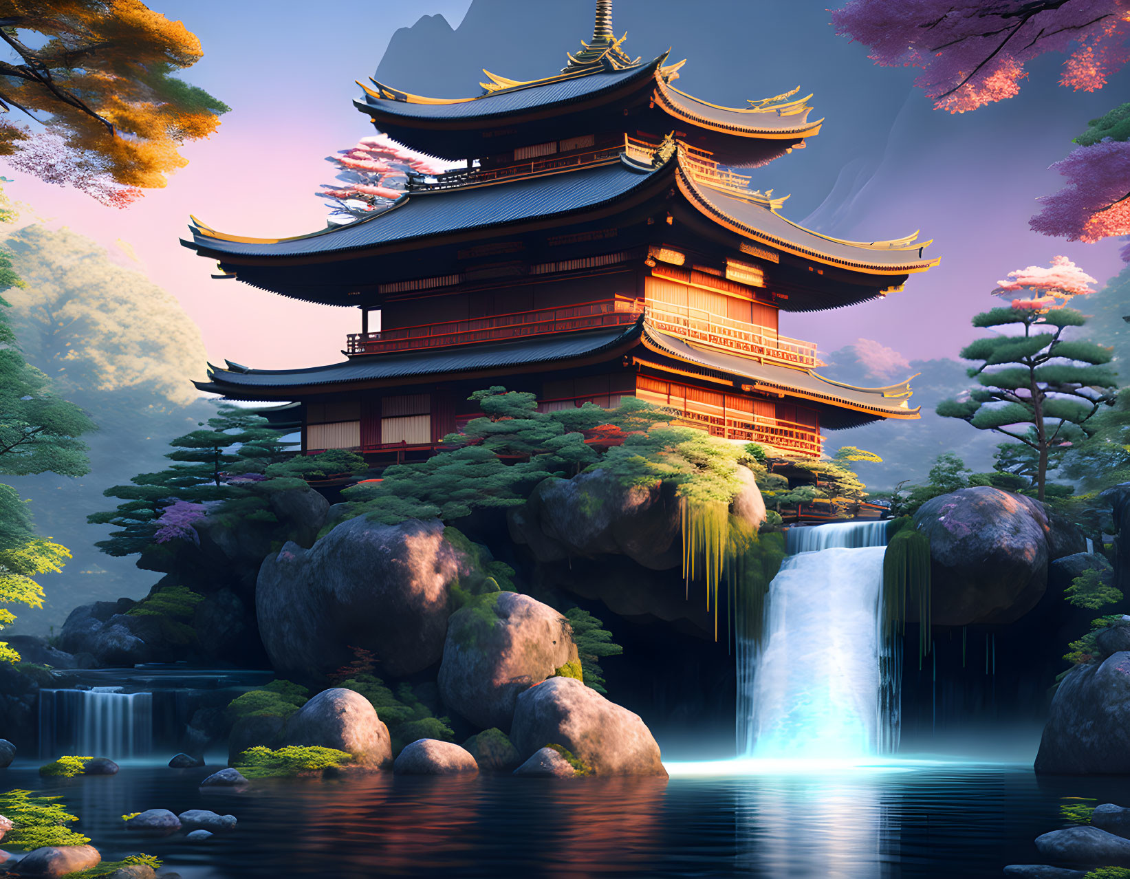 Traditional Asian Pagoda Over Waterfall and Cherry Blossoms at Twilight