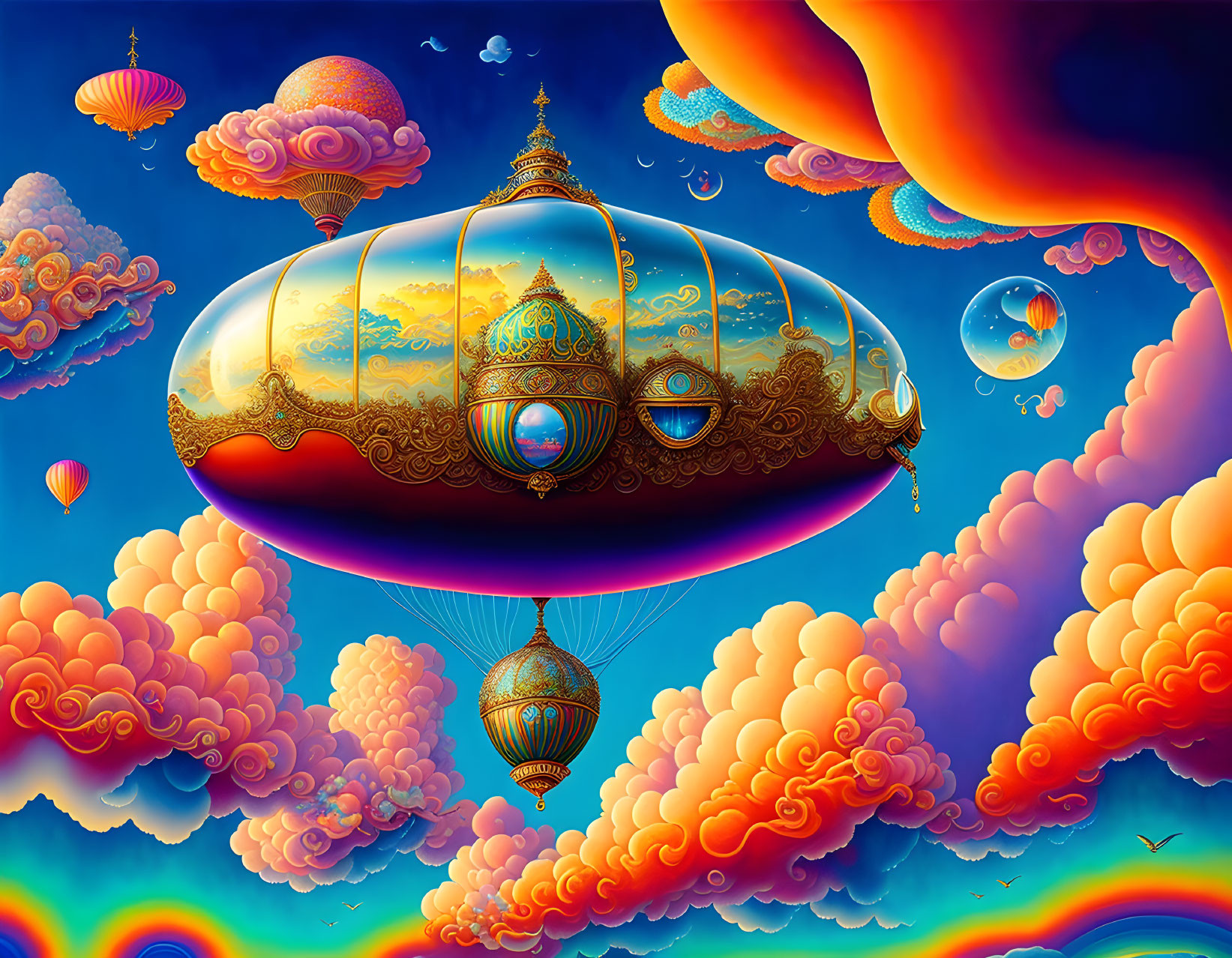 Fantastical scene with airship-like structures and balloons in vibrant colors