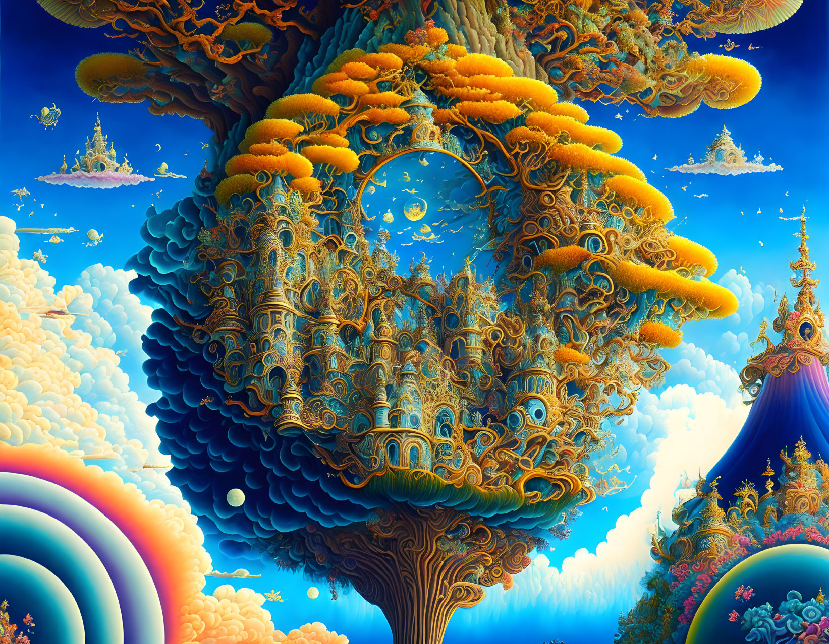 Colorful psychedelic landscape with intricate tree and floating islands