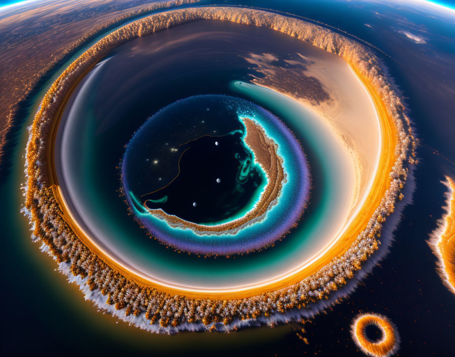 Surreal landscape with circular water body and glowing edges