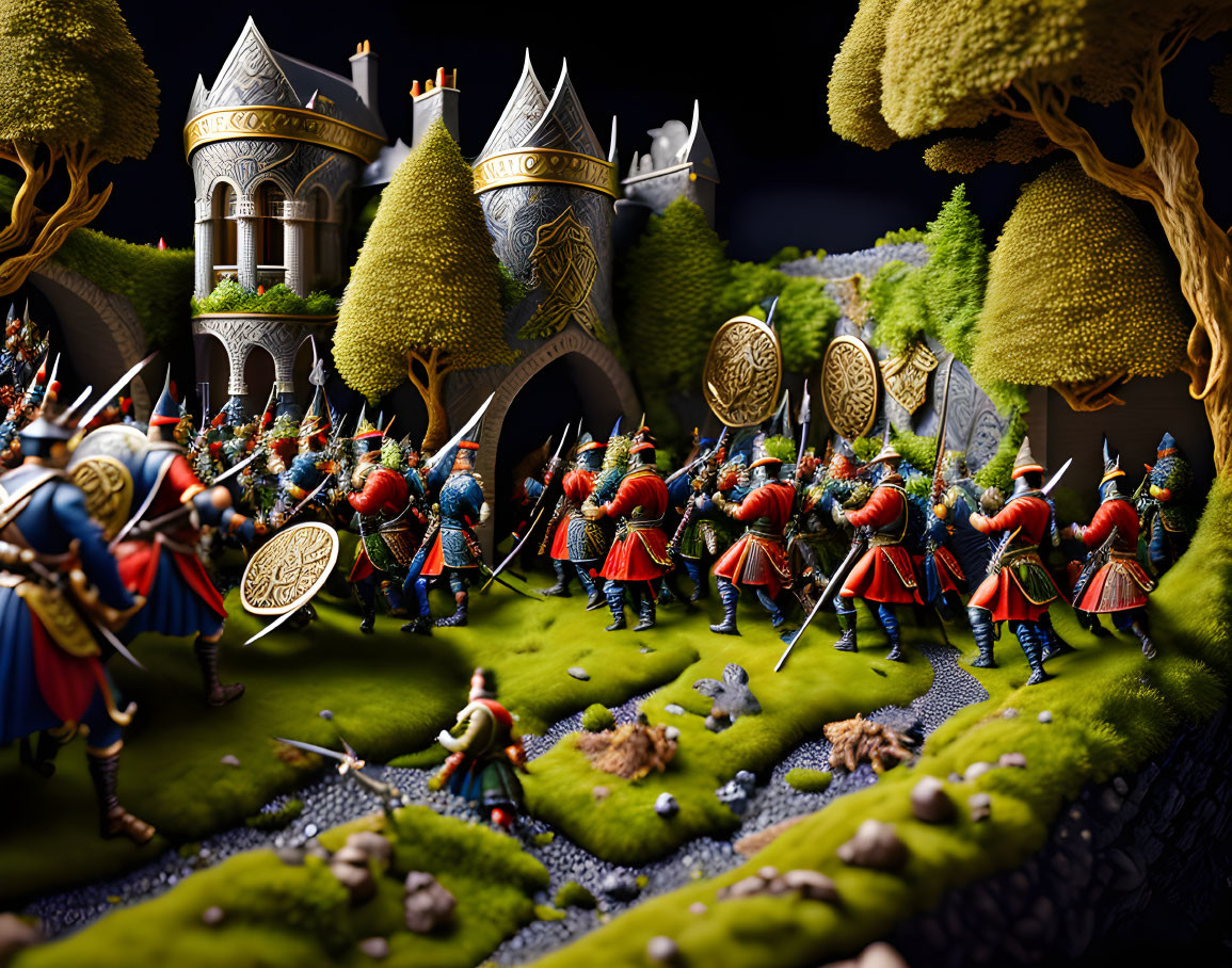 Detailed Medieval Soldiers Diorama with Castle and Forest