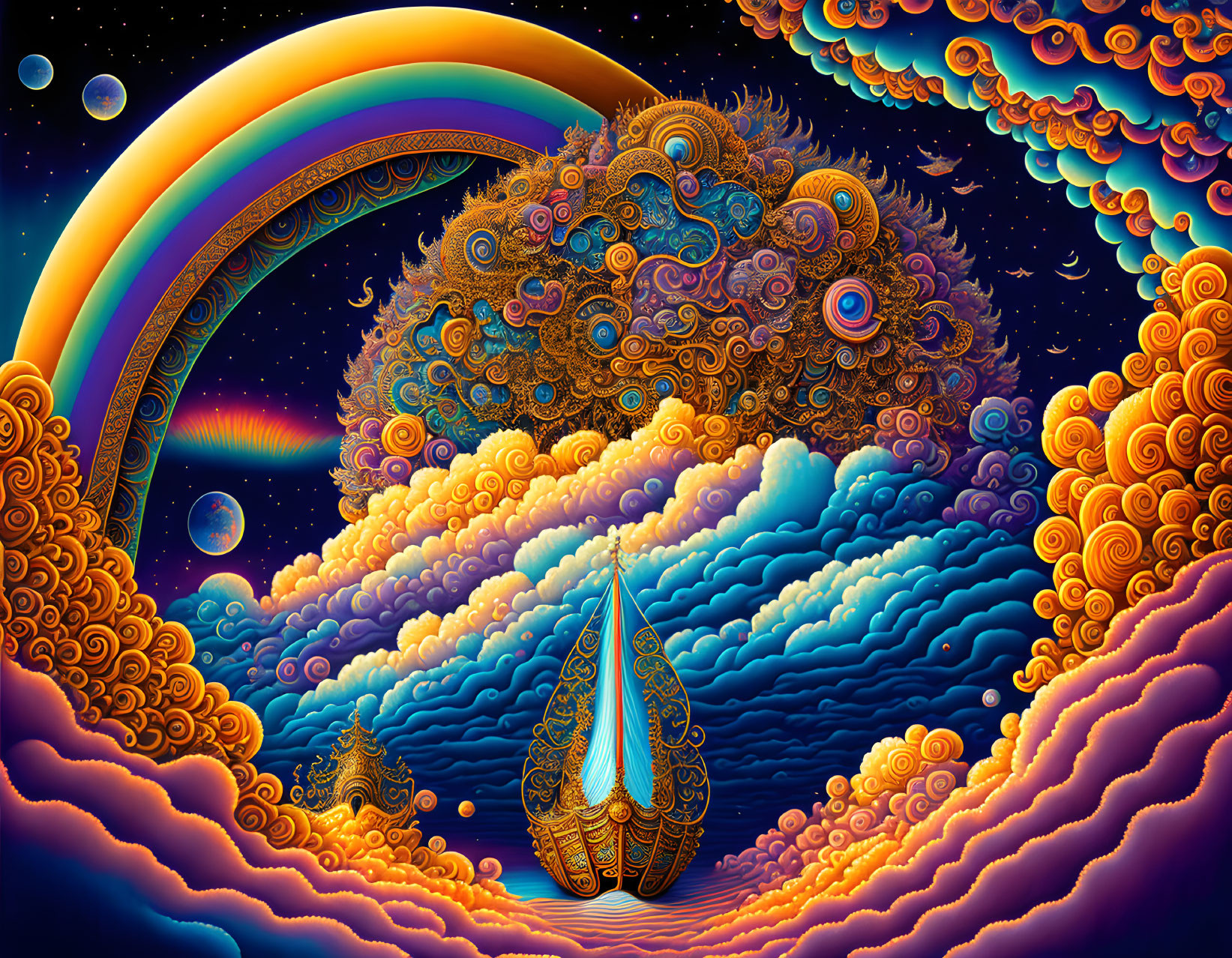 Colorful psychedelic illustration: Golden boat on clouds, rainbow, intricate patterns, celestial bodies