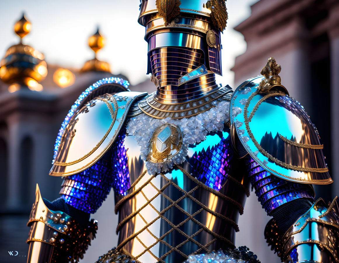 Intricate Gold and Blue Armor with Gemstones on Blurred Background