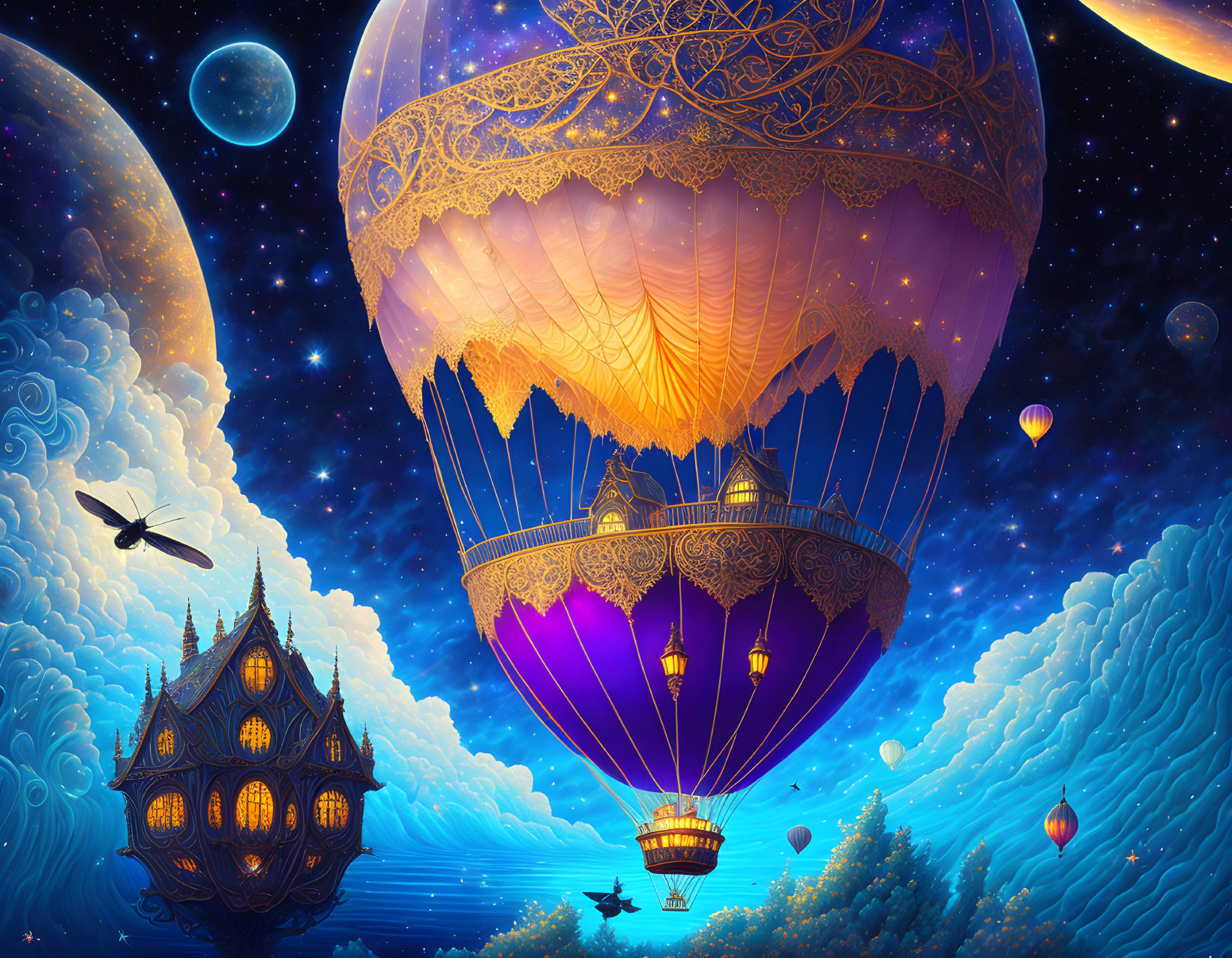 Fantasy scene: ornate hot air balloons, floating buildings, starry sky, planets, clouds