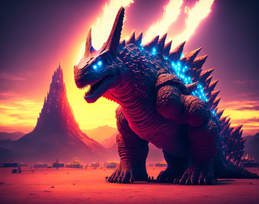 Fiery Godzilla with glowing blue eyes dominates port city landscape