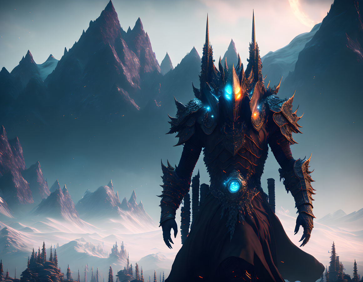 Giant Armored Figure in Front of Snow-Capped Peaks at Dusk