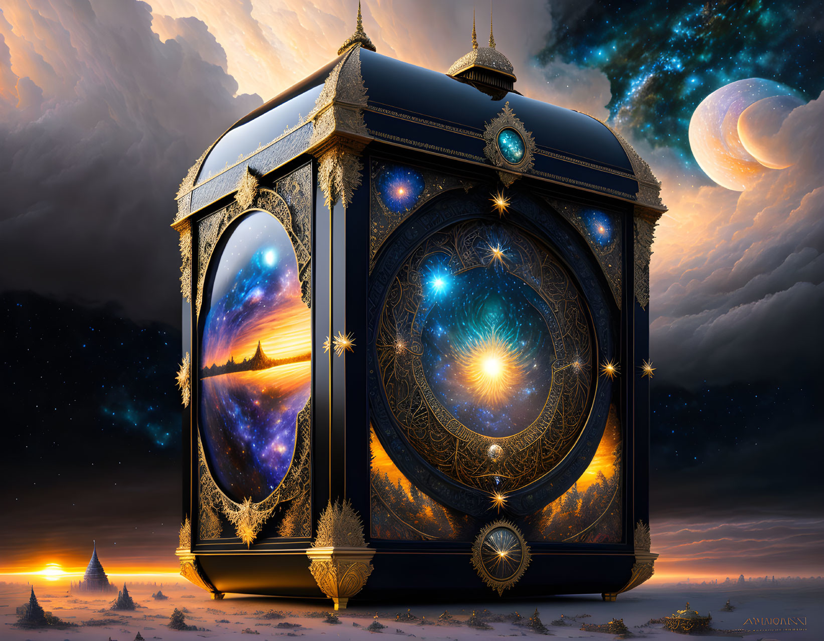 Intricate cosmic lantern with vibrant celestial panels above alien landscape