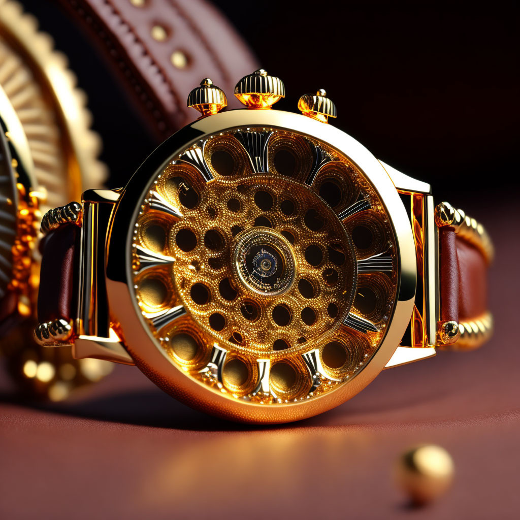 Luxurious Gold Wristwatch with Circular Patterned Face and Leather Strap